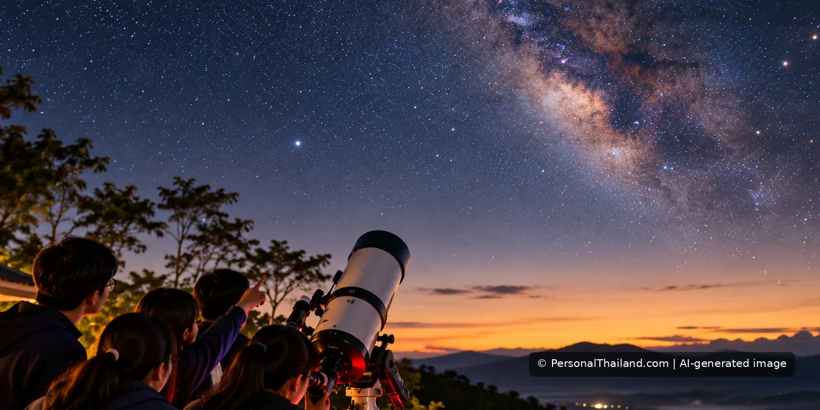 Students observing the night sky through a large telescope above misty Thai mountains.