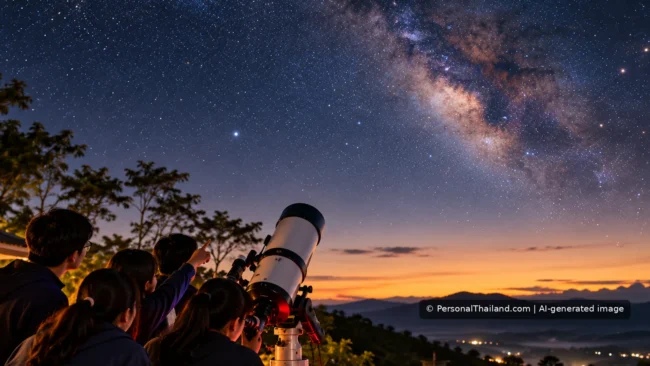 Students observing the night sky through a large telescope above misty Thai mountains.