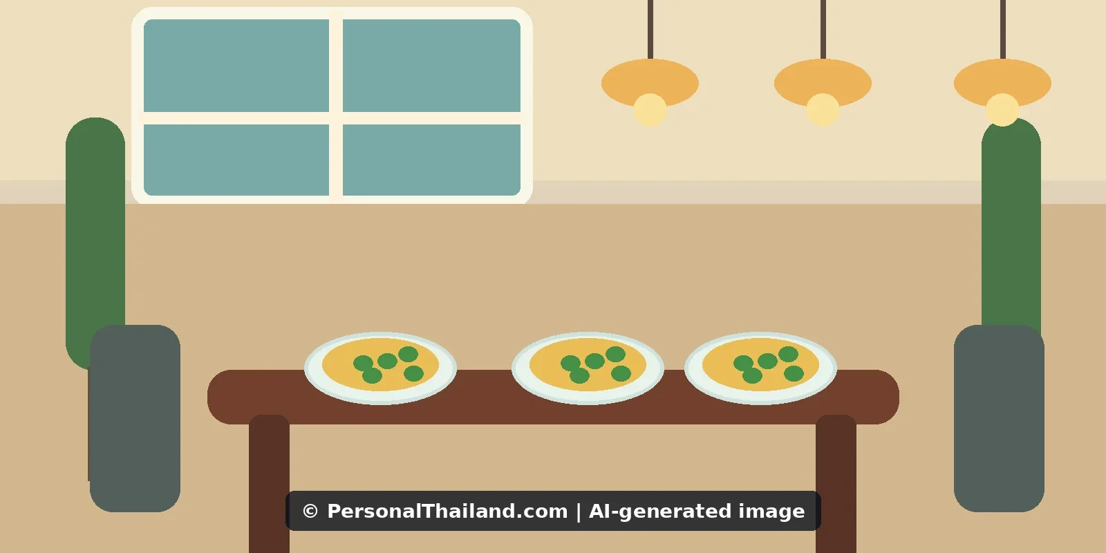 Family-Friendly Restaurants in Thailand: What Parents Should Look For (illustration) AI-created illustration of a restaurant table with three plates of food under hanging lamps, with plants and a window behind