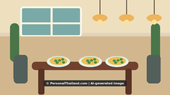 AI-created illustration of a restaurant table with three plates of food under hanging lamps, with plants and a window behind