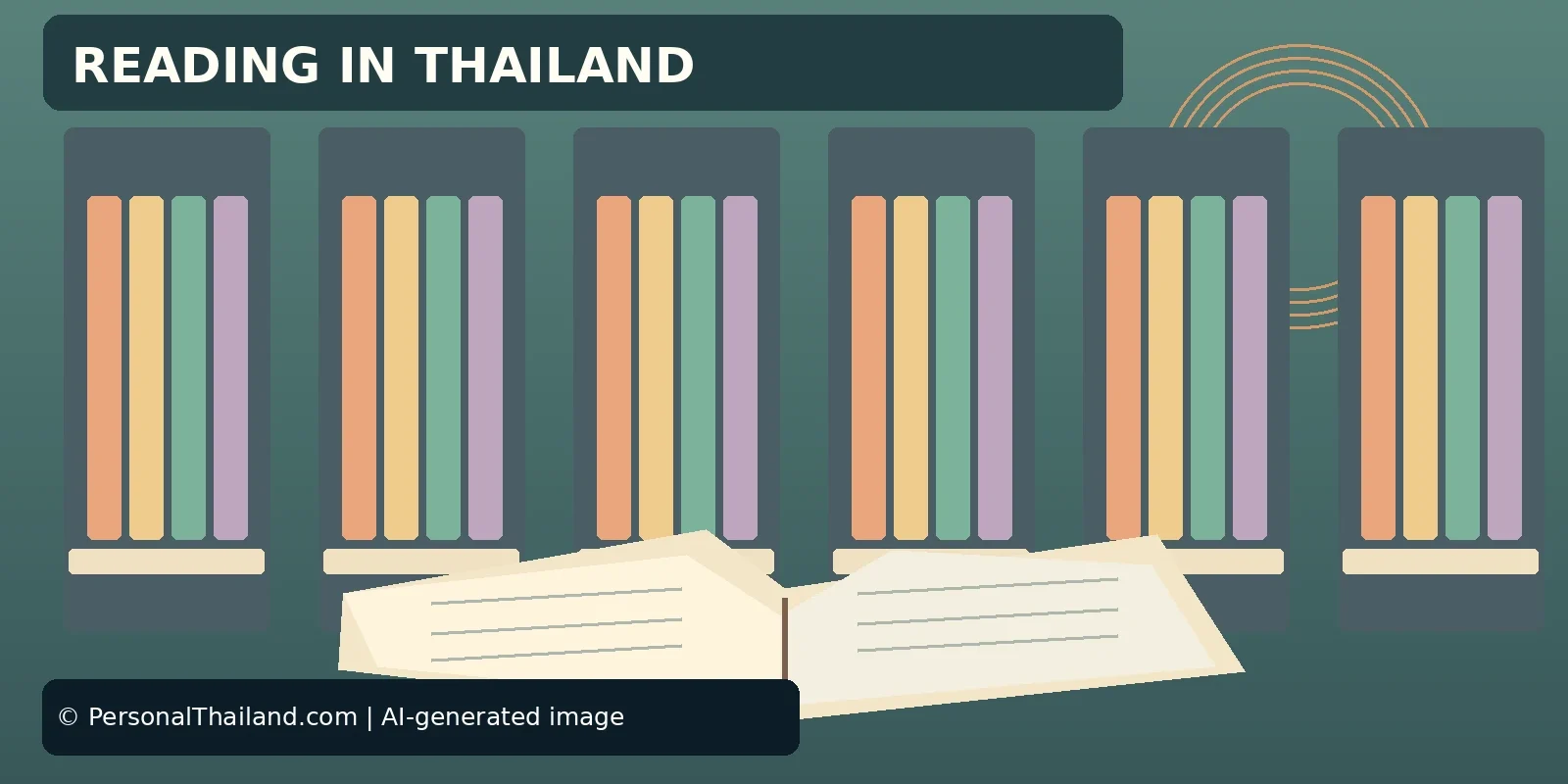 Reading in Thailand: Libraries, Bookshops and Bangkok Book Fairs (illustration) AI-created illustration of bookshelves with colourful books and an open book in front, under the heading 'Reading in Thailand'