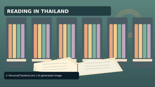 AI-created illustration of bookshelves with colourful books and an open book in front, under the heading 'Reading in Thailand'