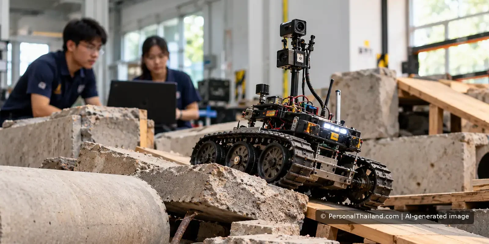 Thai Students at RoboCup Rescue 2007: A Robotics Milestone Student robotics team testing a tracked rescue robot on a simulated rubble course in an engineering laboratory.