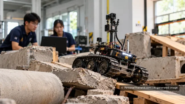 Student robotics team testing a tracked rescue robot on a simulated rubble course in an engineering laboratory.