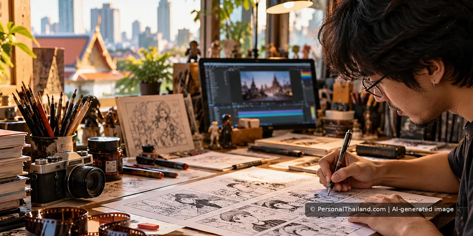 Thai Movies to Thai Comics: The Story of Seasons Change Comic artist in a Thai city studio sketching panels beside film strips and digital editing equipment.