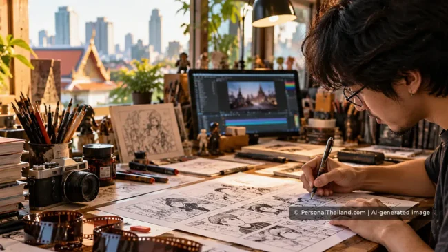 Comic artist in a Thai city studio sketching panels beside film strips and digital editing equipment.