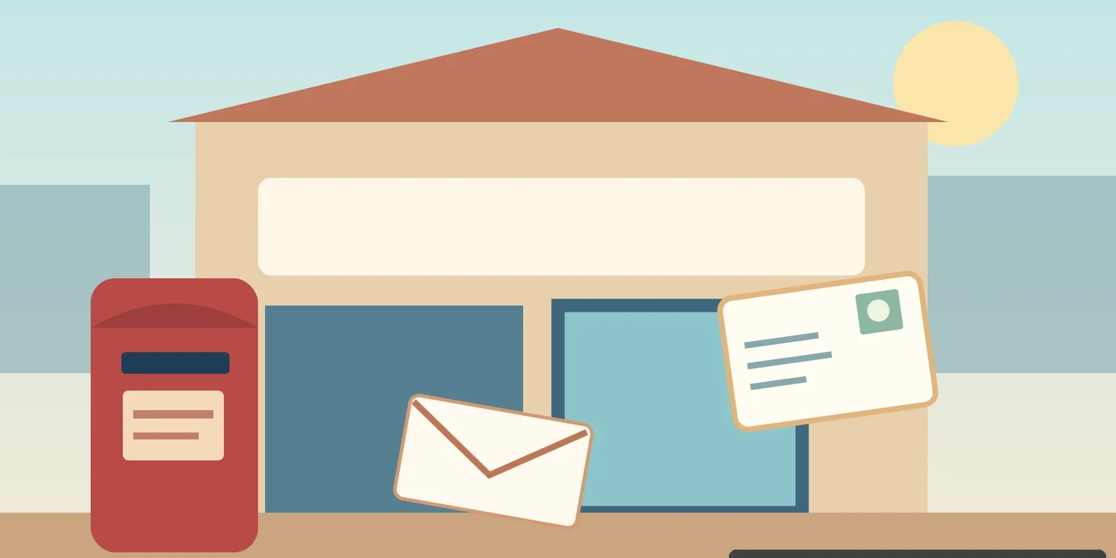 Illustration of a Thailand Post-inspired red letterbox and envelopes outside a sunny city post office, AI-generated