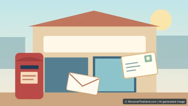 Illustration of a Thailand Post-inspired red letterbox and envelopes outside a sunny city post office, AI-generated