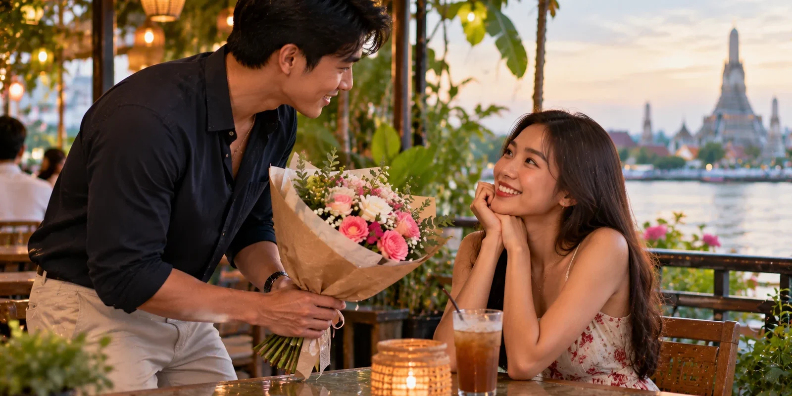 Young Thai man offering a bouquet of flowers to a smiling Thai woman at a riverside café, Wat Arun in the background. AI-generated image.