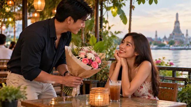 Get a Thai girlfriend tricks Young Thai man offering a bouquet of flowers to a smiling Thai woman at a riverside café, Wat Arun in the background. AI-generated image.