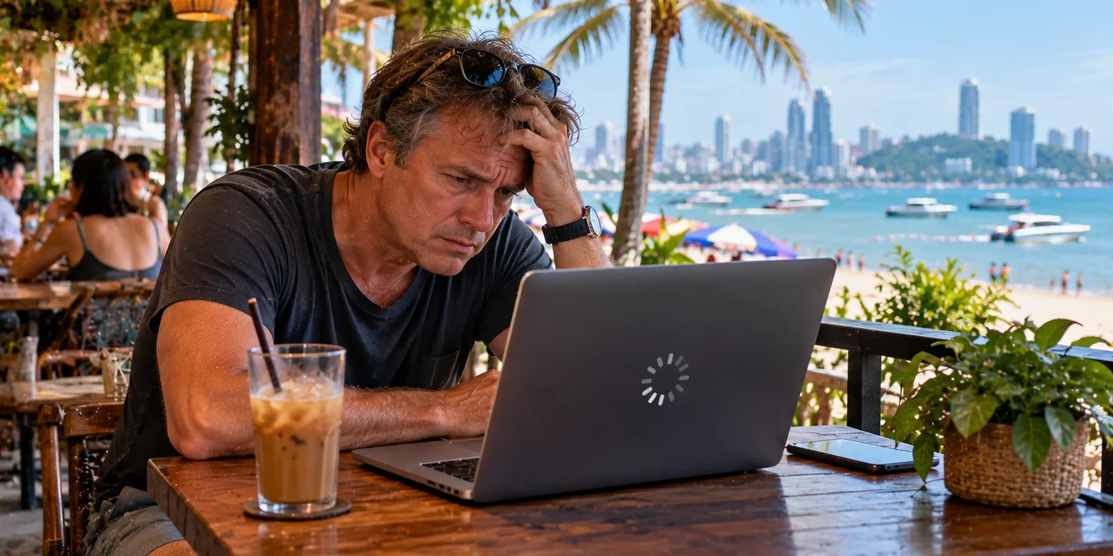 Frustrated tourist with his hand on his head staring at a slow-loading laptop at a seaside café in Pattaya. AI-generated image.