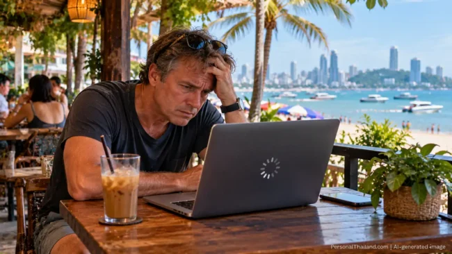 Frustrated tourist with his hand on his head staring at a slow-loading laptop at a seaside café in Pattaya. AI-generated image.