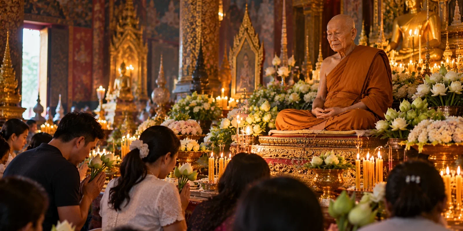 Devotees kneeling with offerings before a seated monk image in a candle-lit, flower-filled Thai temple hall. AI-generated image.