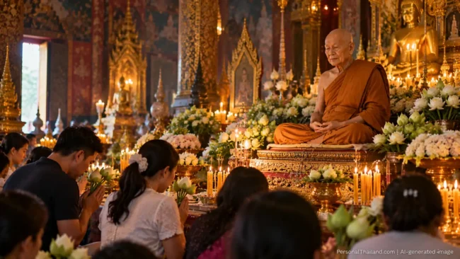 Esteemed monk’s body in Thailand make the miracle Devotees kneeling with offerings before a seated monk image in a candle-lit, flower-filled Thai temple hall. AI-generated image.