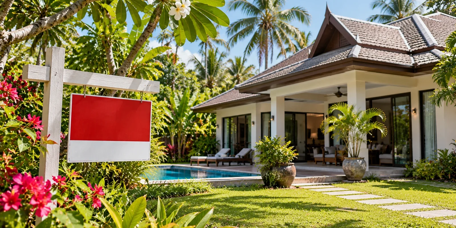 Eric Levine California Fitness selling his house in Thailand Modern Thai-style house with a pool in a tropical garden, a blank red sale sign by the flowering hedge. AI-generated image.