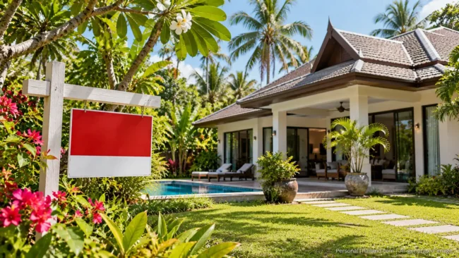 Eric Levine California Fitness selling his house in Thailand Modern Thai-style house with a pool in a tropical garden, a blank red sale sign by the flowering hedge. AI-generated image.