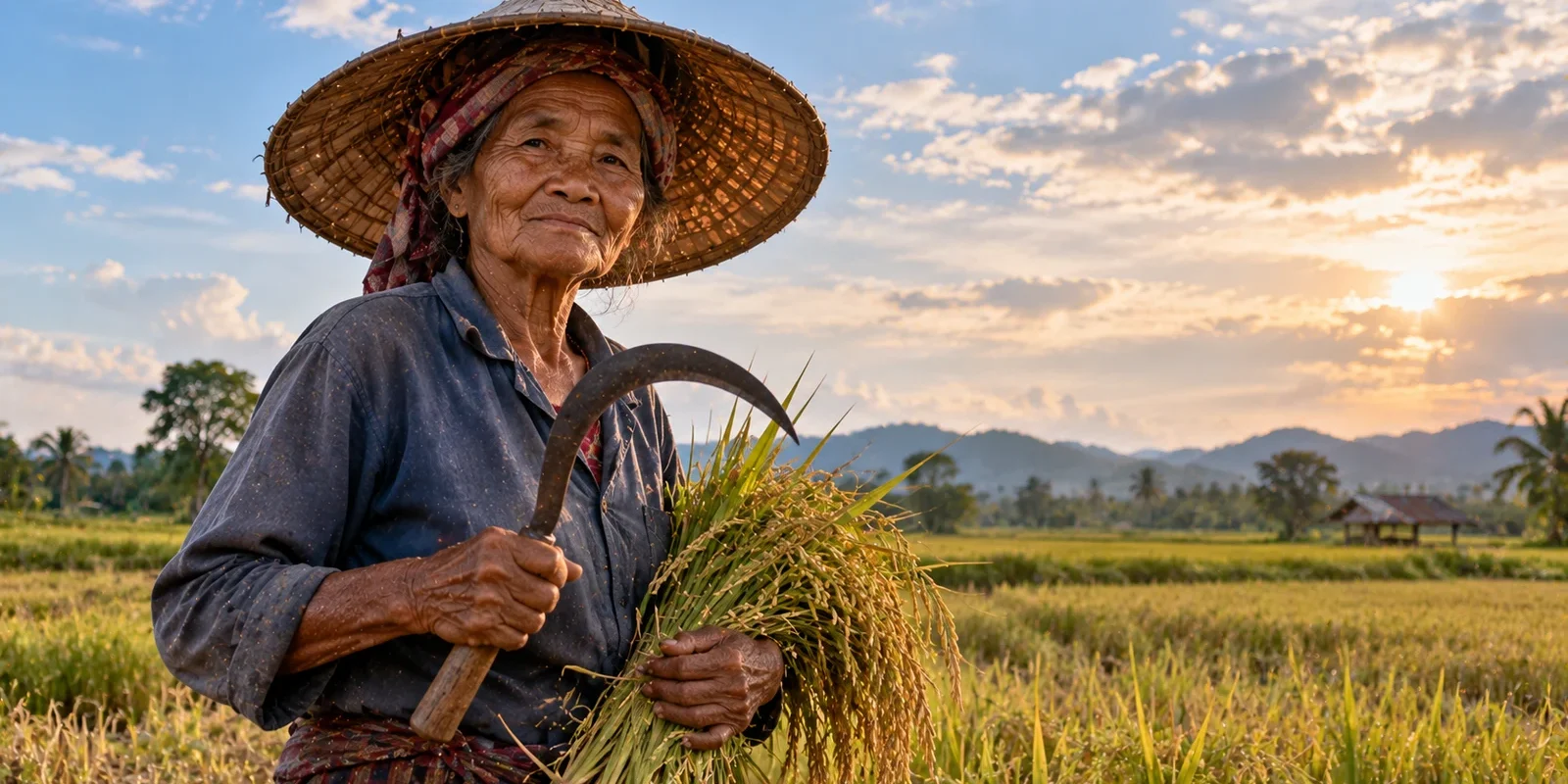 Elderly Isaan farmer in a straw hat holding a sickle and freshly cut rice in a golden field at sunset. AI-generated image.