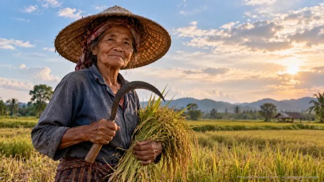 Elderly Isaan farmer in a straw hat holding a sickle and freshly cut rice in a golden field at sunset. AI-generated image.