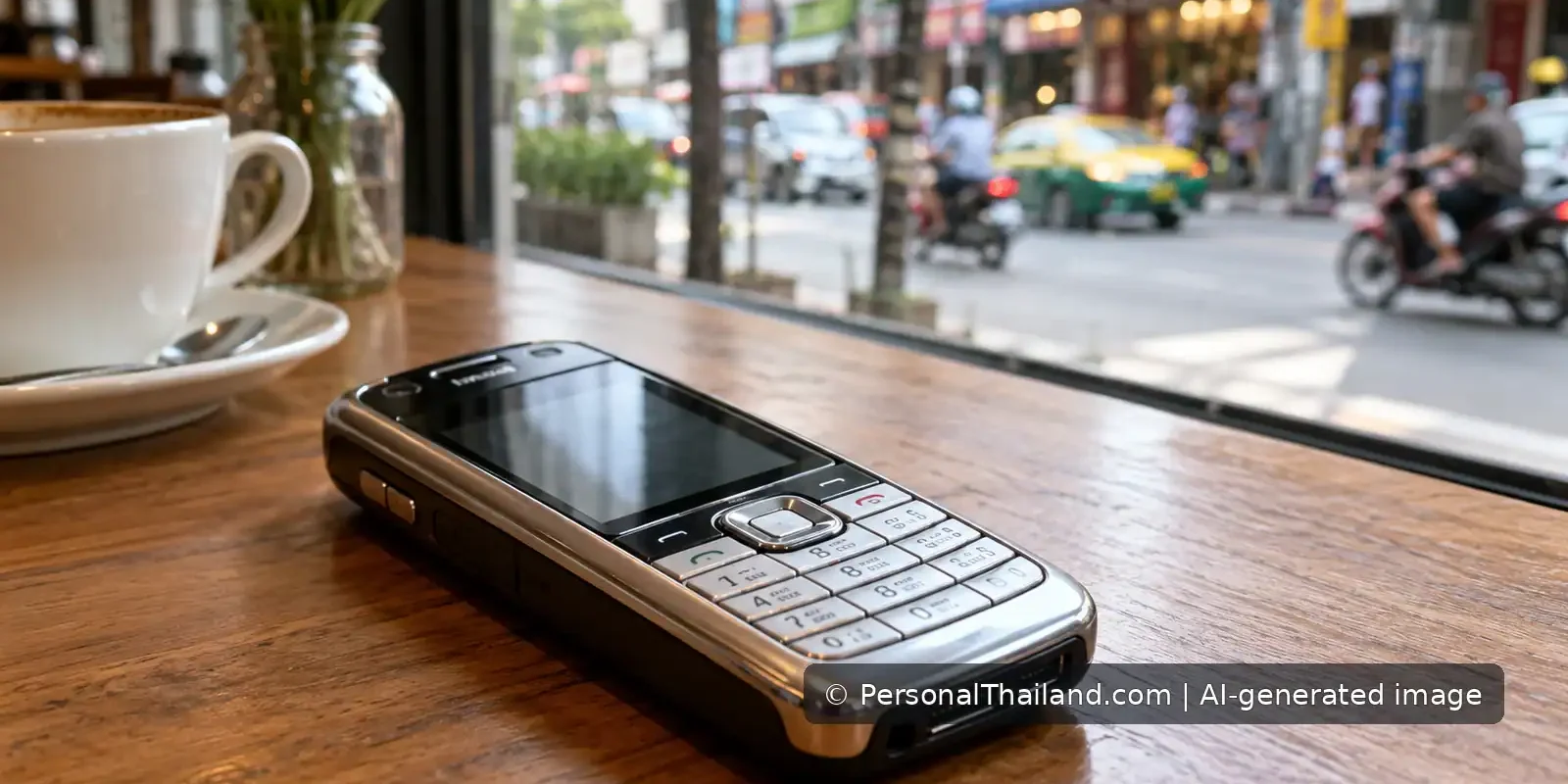 A silver and black 2000s keypad mobile phone on a cafe table, with a blurred Thai city street outside.