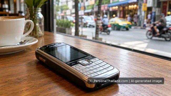 A silver and black 2000s keypad mobile phone on a cafe table, with a blurred Thai city street outside.