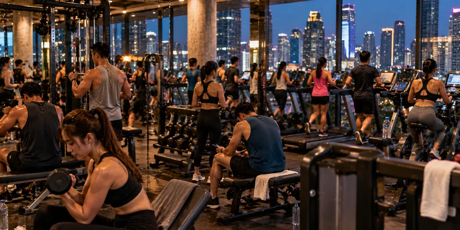 Crowded gym packed with exercise machines and people working out at night, the Bangkok skyline through the windows. AI-generated image.