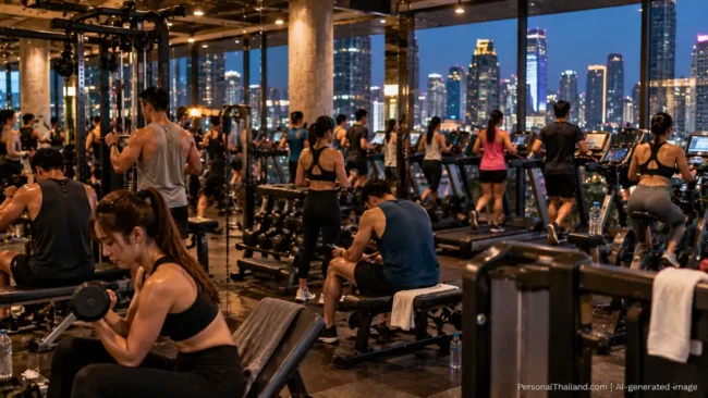 Crowded gym packed with exercise machines and people working out at night, the Bangkok skyline through the windows. AI-generated image.