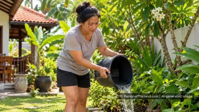 Dengue Fever in Thailand: Prevention, Symptoms and Warning Signs A woman empties standing water from a bucket in a tropical Thai garden to reduce mosquito breeding sites.