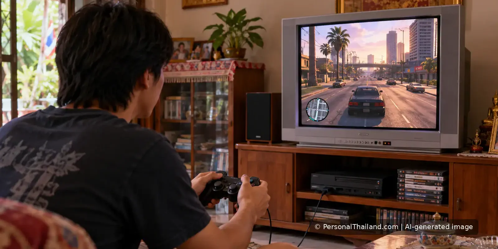 A young adult playing a generic early-2000s driving video game on a CRT television in a Thai living room.