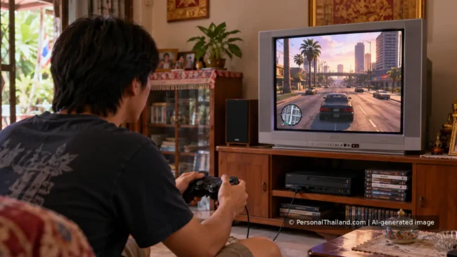 Grand Theft Auto in Thailand: What Really Happened in 2008 A young adult playing a generic early-2000s driving video game on a CRT television in a Thai living room.