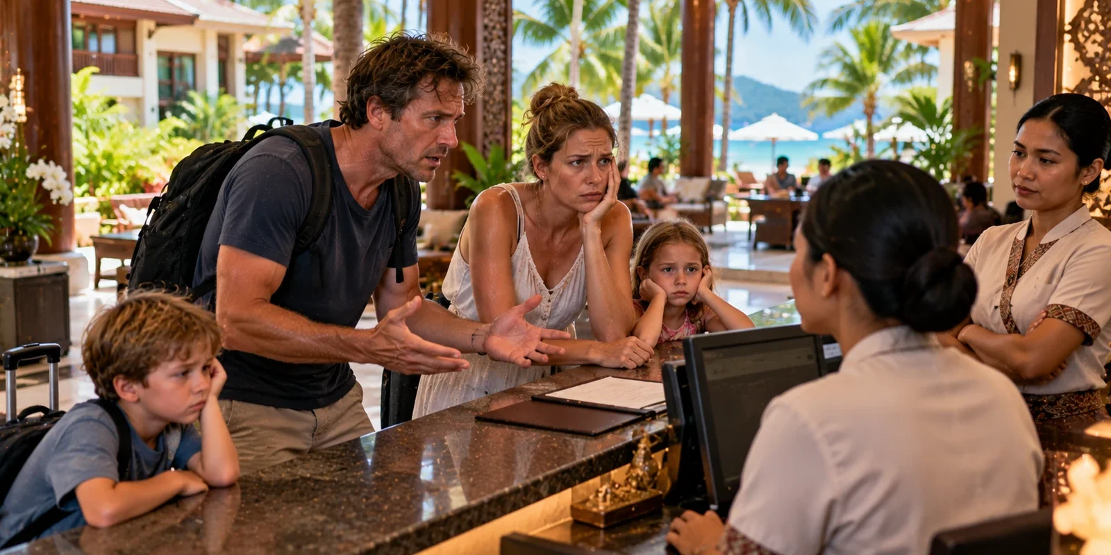 Frustrated tourist family complaining at a resort reception desk in Phuket while staff listen with blank faces. AI-generated image.