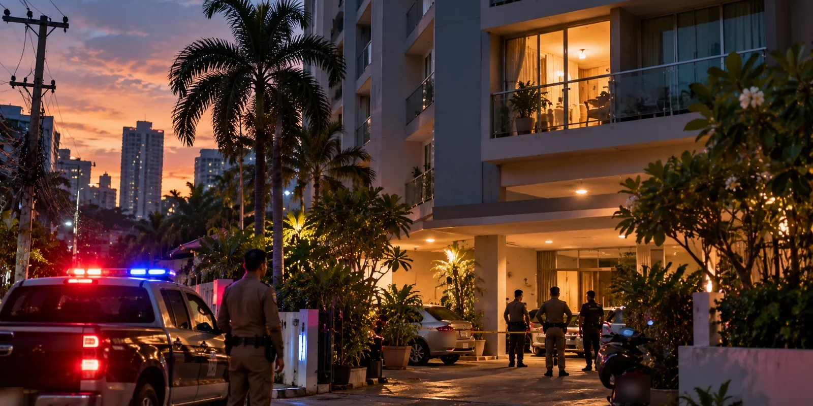 A jealous man from Germany cut a Thai girl’s throat in Pattaya Police officers outside a Pattaya condominium building at dusk with a patrol pickup parked in front. AI-generated image.