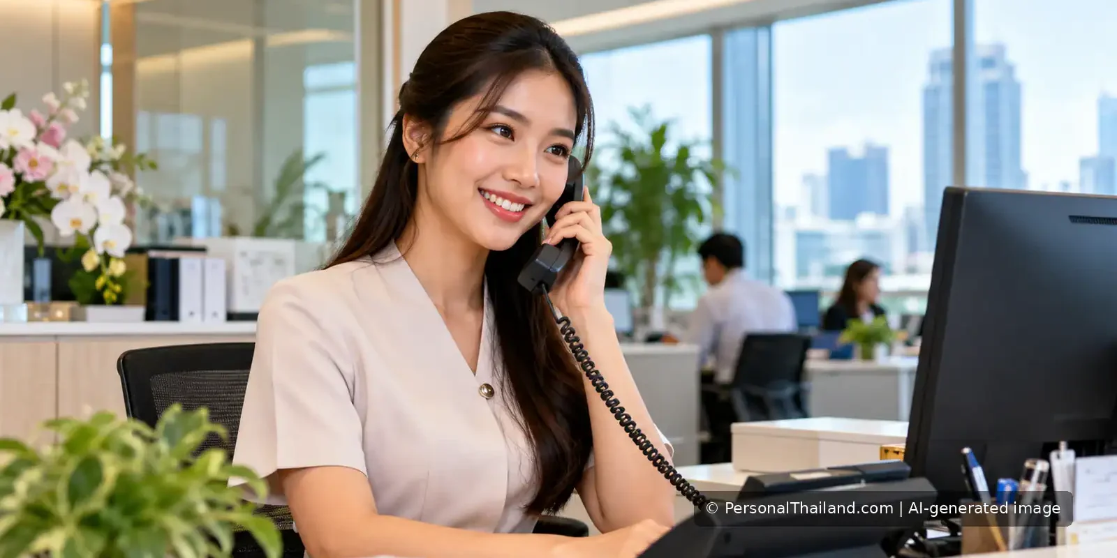 A Thai office receptionist answering a desk telephone in a bright Bangkok office.