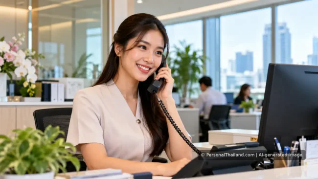 How to Answer the Phone in Thai: Sawatdee and Polite Greetings A Thai office receptionist answering a desk telephone in a bright Bangkok office.