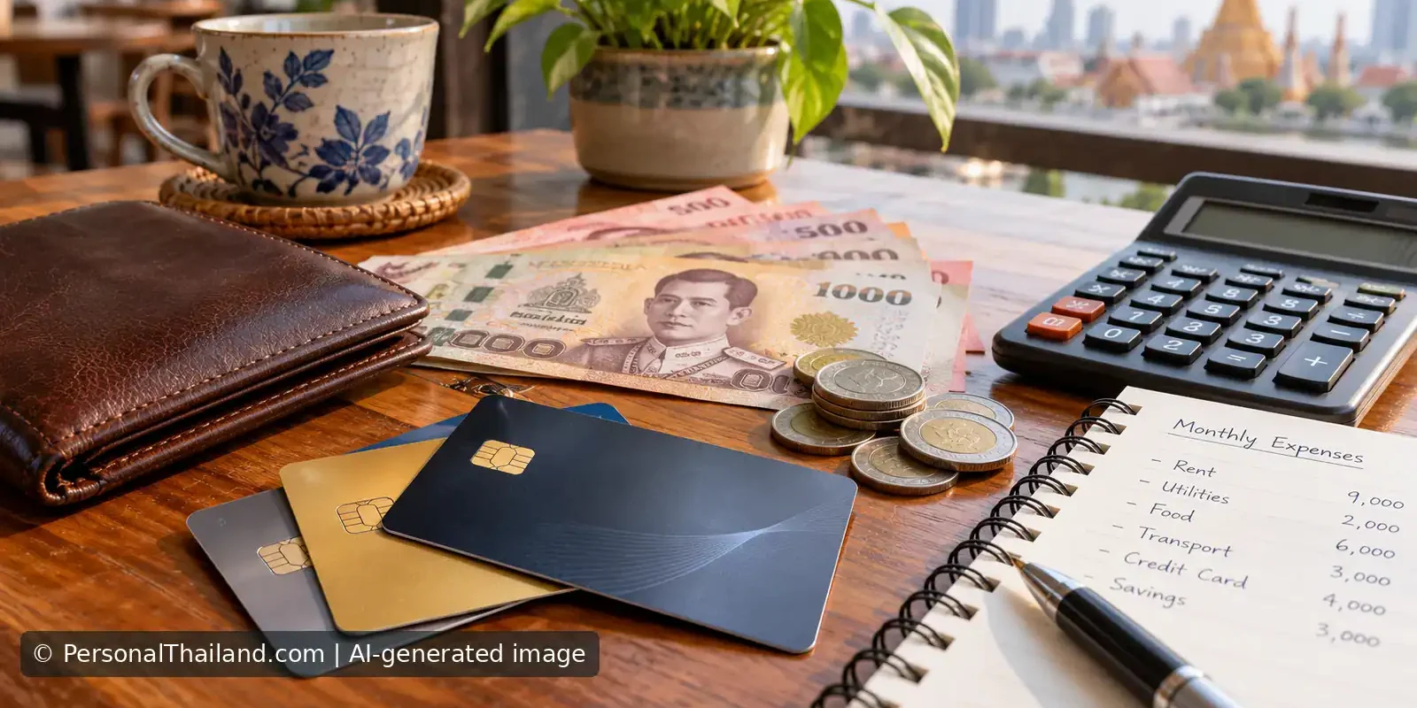 Credit cards and a calculator on a wooden table in Thailand, illustrating how to evaluate credit card rewards.