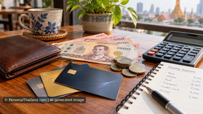 Credit cards and a calculator on a wooden table in Thailand, illustrating how to evaluate credit card rewards.