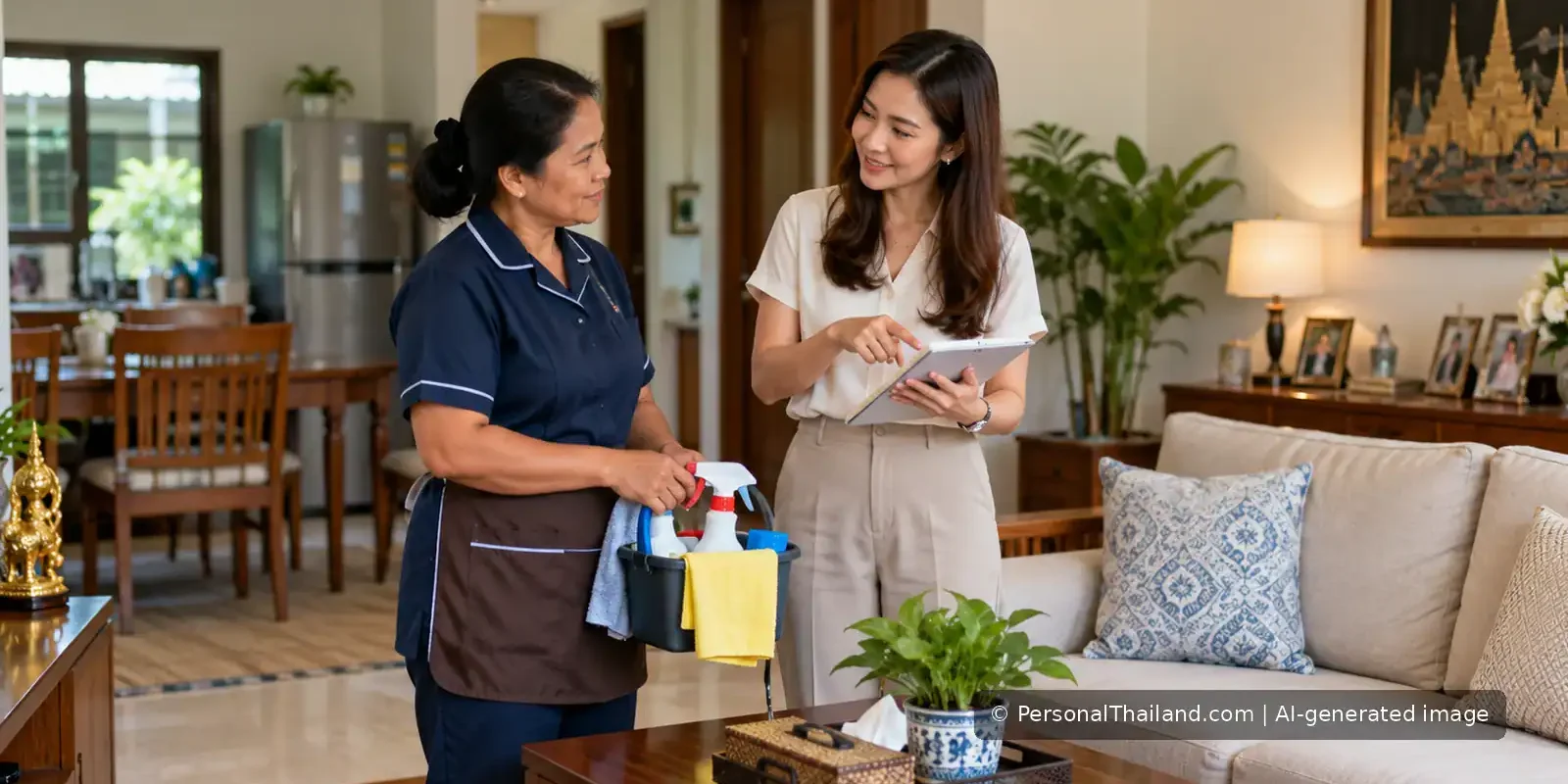 A homeowner and a domestic worker discussing household tasks with a checklist in a Thai living room.