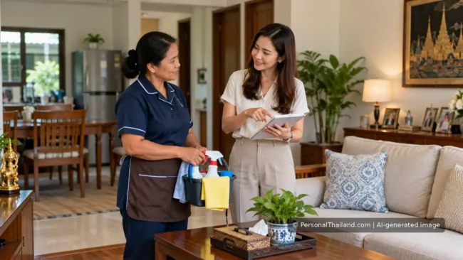 Hiring a Housekeeper in Thailand: Rights and Good Practices A homeowner and a domestic worker discussing household tasks with a checklist in a Thai living room.