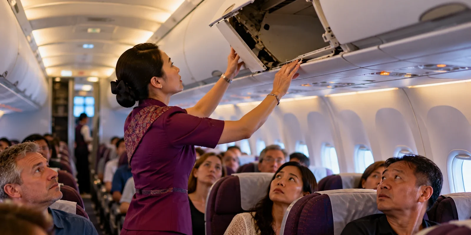 Flight attendant checking a broken overhead locker as worried passengers look up from their seats in an airliner cabin. AI-generated image.
