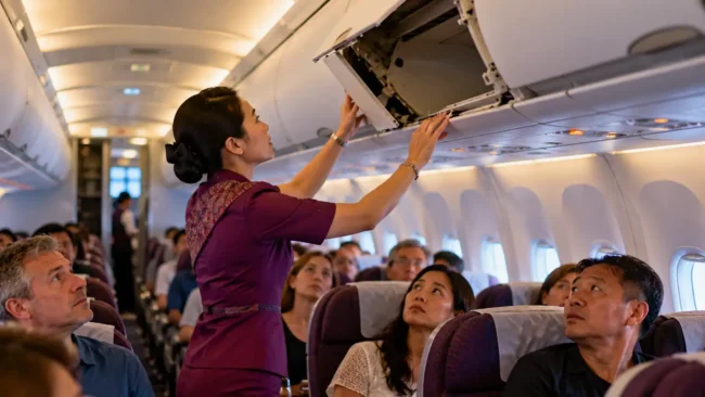 Door on Thai air broken during flight Flight attendant checking a broken overhead locker as worried passengers look up from their seats in an airliner cabin. AI-generated image.