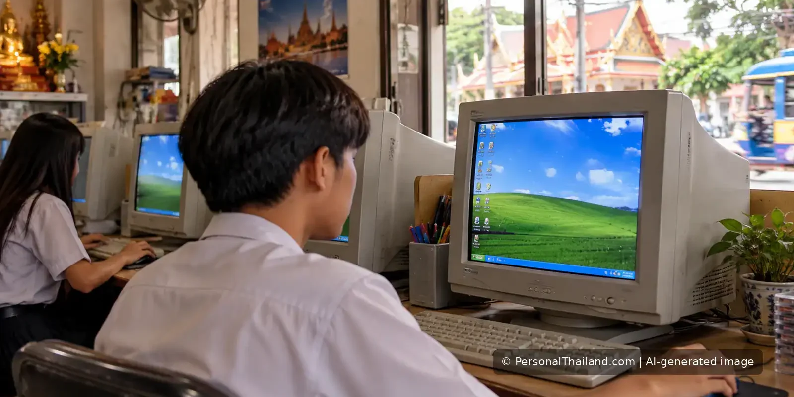 Students working at CRT desktop computers with an early-2000s style interface in a Thai internet cafe.