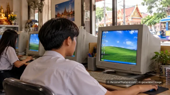 Windows XP in Thailand: What to Do with an Unsupported PC Students working at CRT desktop computers with an early-2000s style interface in a Thai internet cafe.