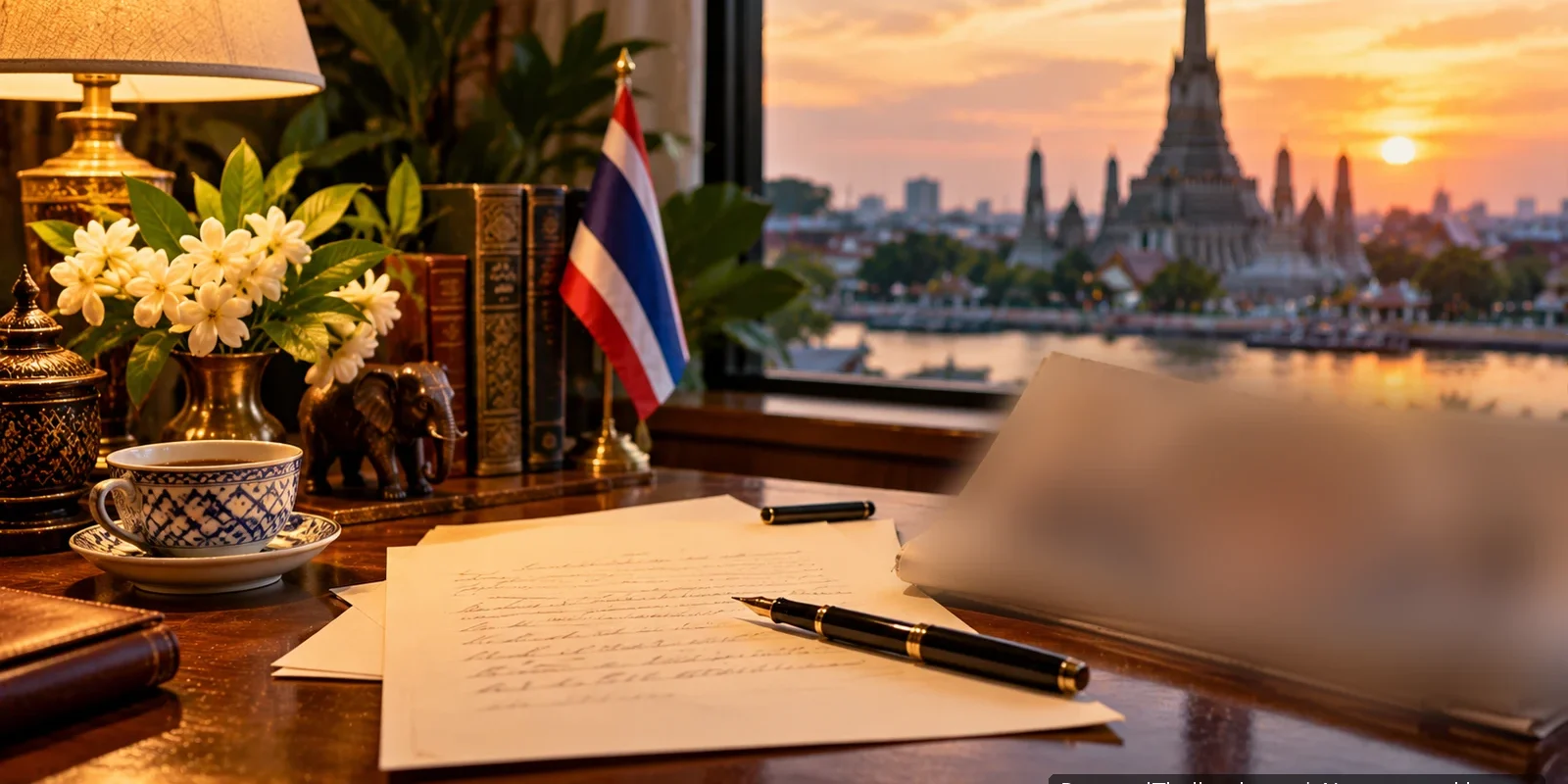 Writing desk with a handwritten letter, fountain pen and a folded newspaper by a window overlooking Wat Arun at sunset. AI-generated image.