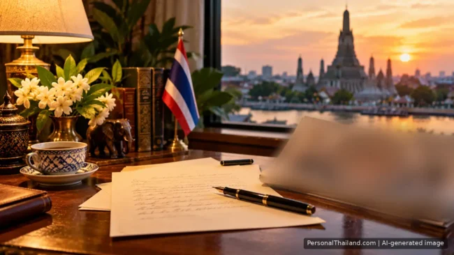 Dear Dr. Thaksin Thailands former PM Writing desk with a handwritten letter, fountain pen and a folded newspaper by a window overlooking Wat Arun at sunset. AI-generated image.