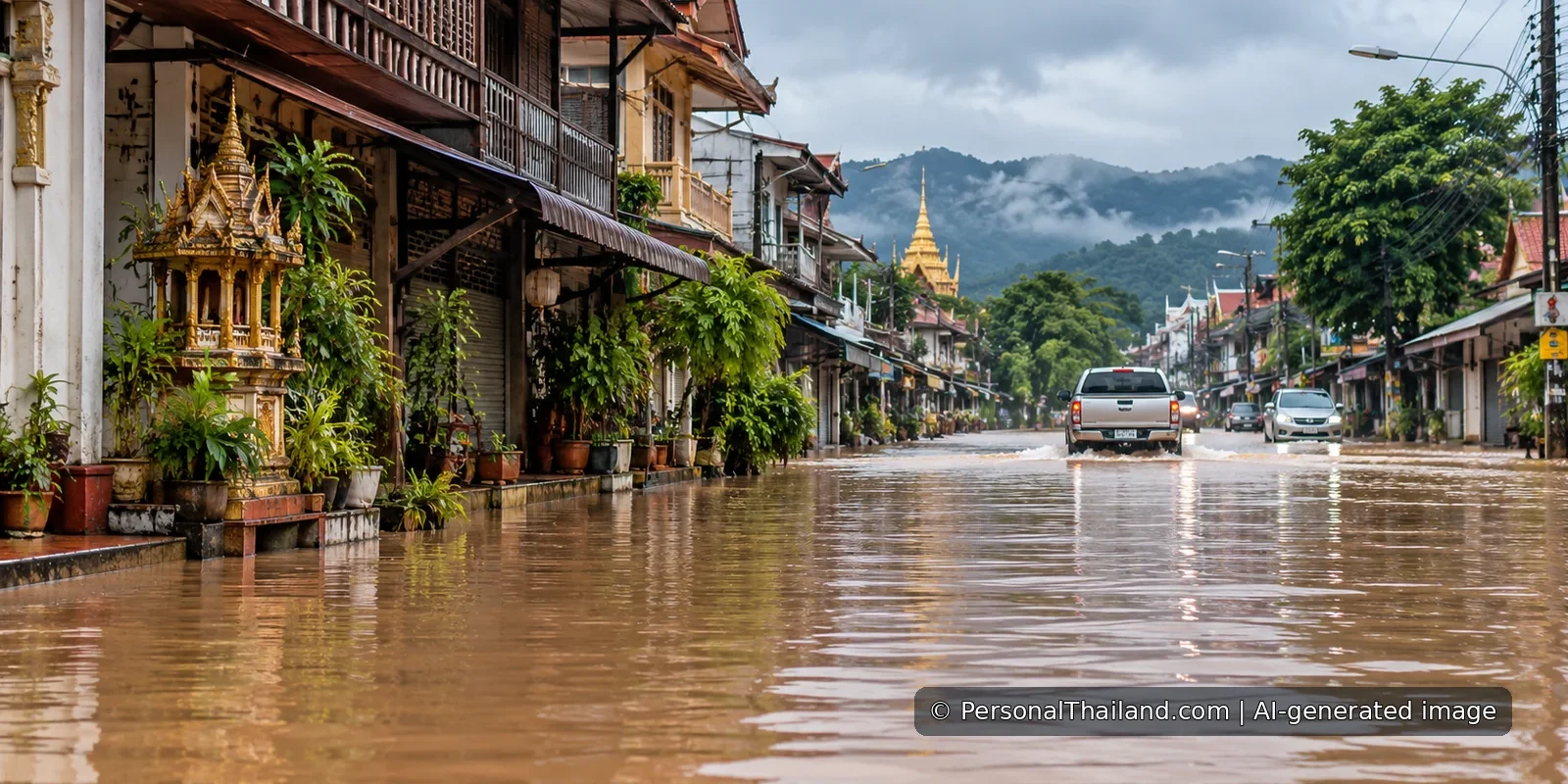 Flood Warnings in Phrae: Travel Safety in Northern Thailand AI-generated illustrative scene of floodwater covering a road in a northern Thai town, representing travel disruption and flood safety.