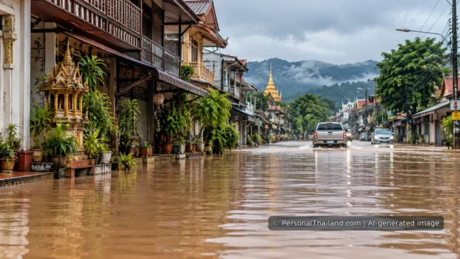 Flood Warnings in Phrae: Travel Safety in Northern Thailand AI-generated illustrative scene of floodwater covering a road in a northern Thai town, representing travel disruption and flood safety.