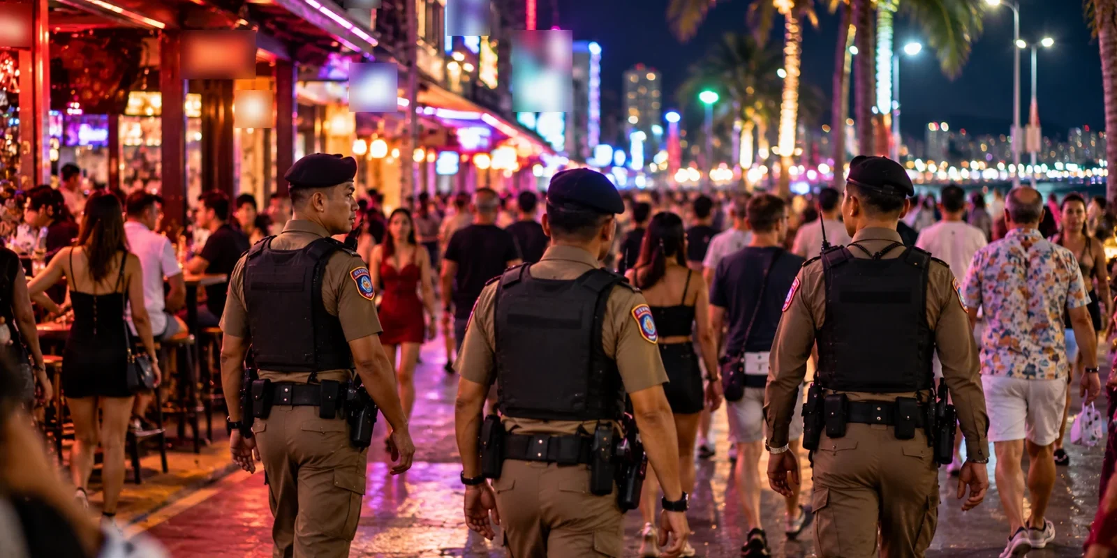 Three Thai police officers on foot patrol along a busy, brightly lit walking street at night. AI-generated image.