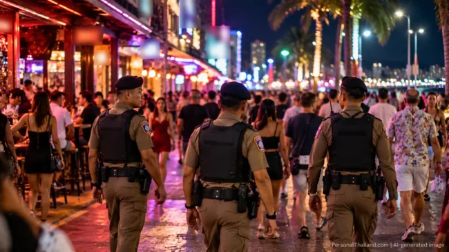 Three Thai police officers on foot patrol along a busy, brightly lit walking street at night. AI-generated image.