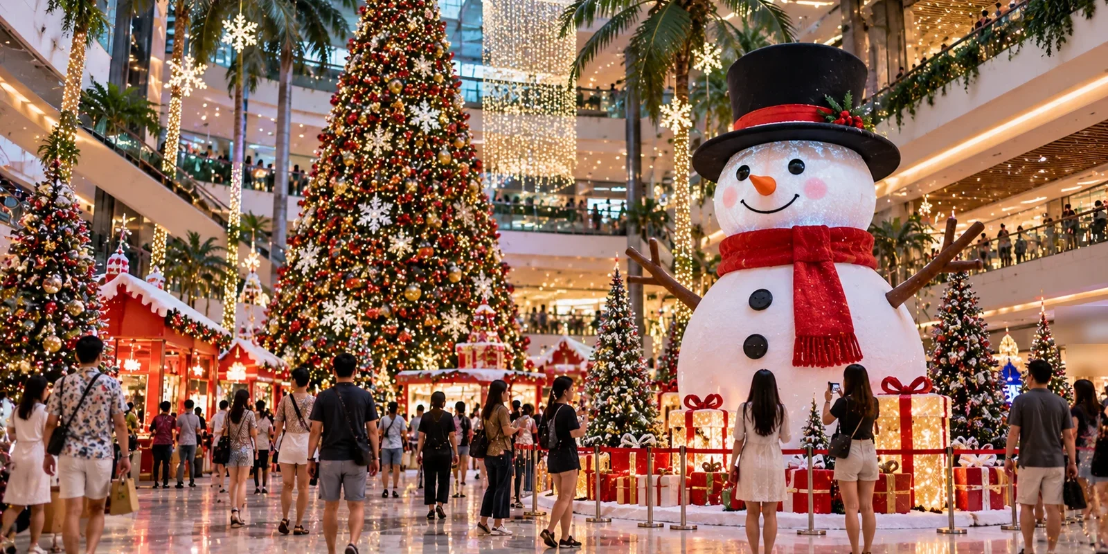Bangkok shopping mall decorated with a giant Christmas tree and snowman, shoppers in summer clothes. AI-generated image.