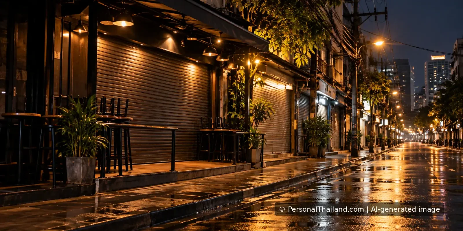 Closed entertainment venues on a quiet Bangkok street at night.
