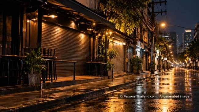 Closed entertainment venues on a quiet Bangkok street at night.